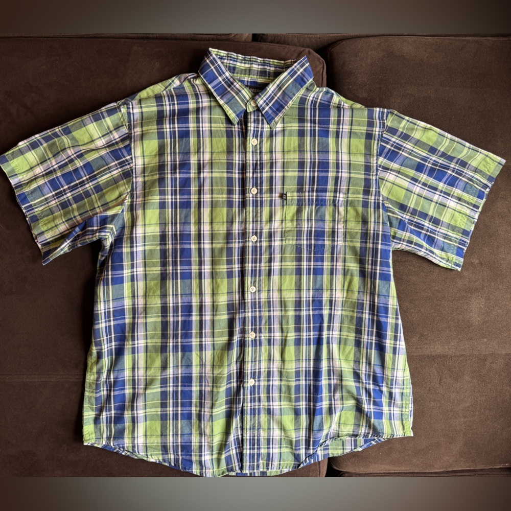 Haggar Blue and Green Plaid Casual Short Sleeved Button Down Shirt